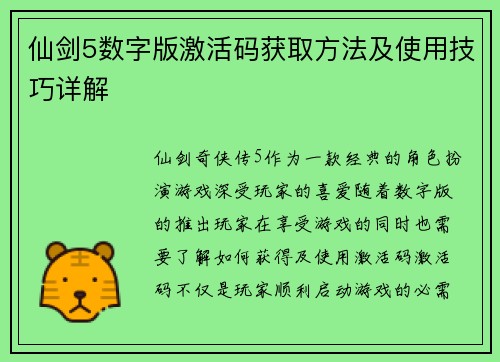 仙剑5数字版激活码获取方法及使用技巧详解